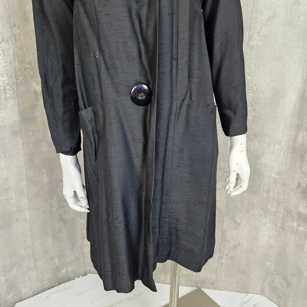 Vintage 50s 60s Black Raw Silk Coat Wide Collar Oversized Buttons ILGWU - Picture 4 of 13